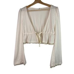 Altar'd State Women's Size S Cream Lace Trim Bell Sleeve Front Tie Crop Top